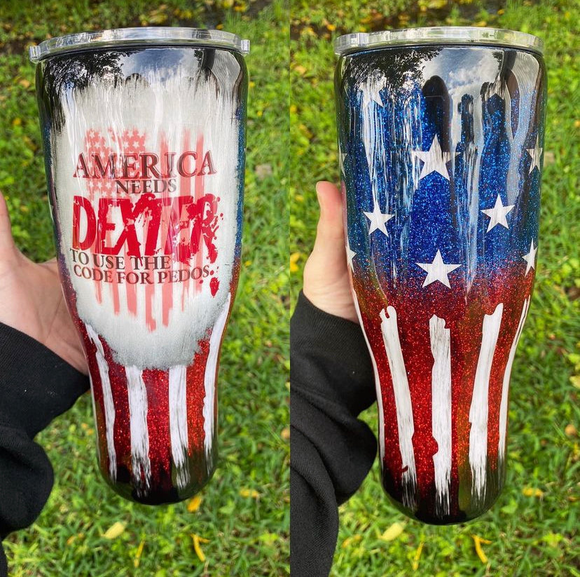 Custom large “ America needs Dexter to use the code for pedos” epoxy tumbler  ￼